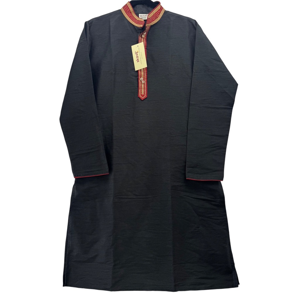NWT SkaVii Men's S Black Red Gold Embroidered Ethnic Kurta Tunic Shirt‎ Casual